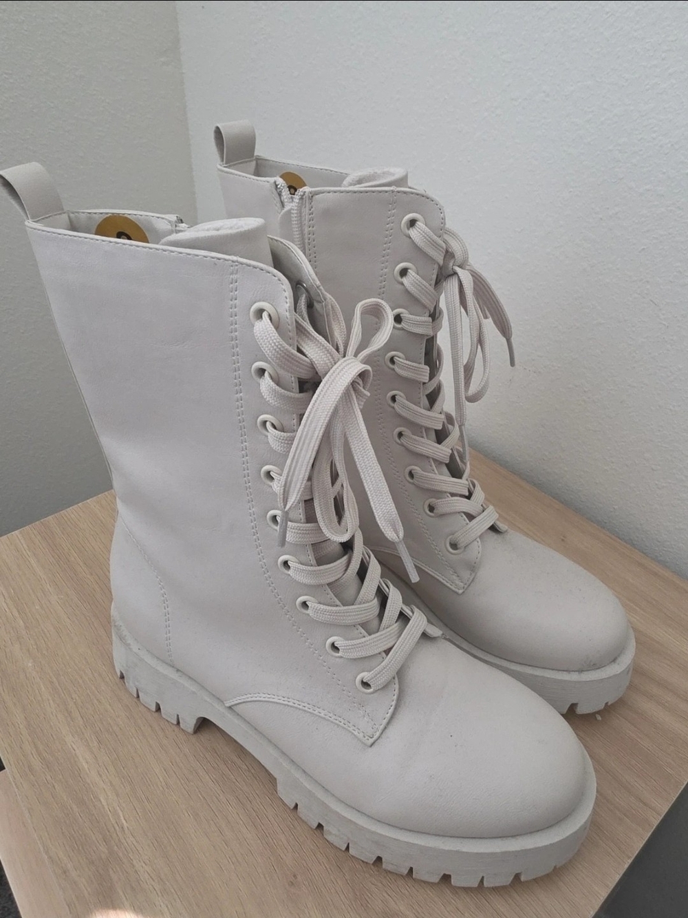 Lace-Up Combat Boots in Light Beige